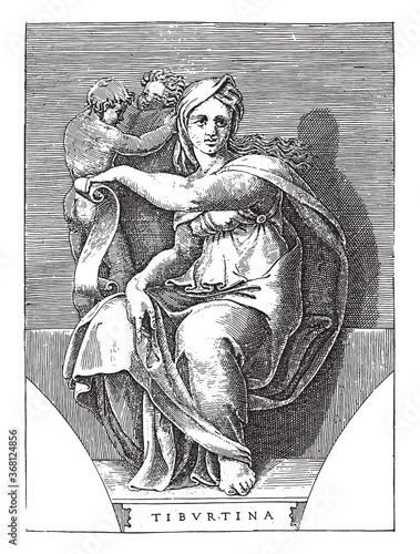 Tiburtine Sibyl, Adamo Scultori, after Michelangelo, 1585, vintage illustration.