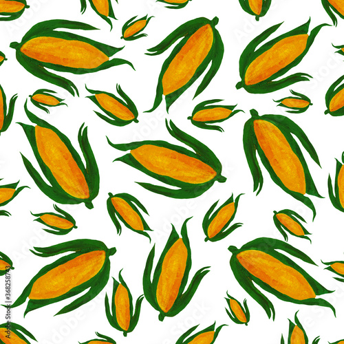 Corn cob pattern. Yellow corn and leaves.
