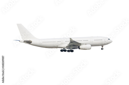 Commercial airplane with landing gear on white background.