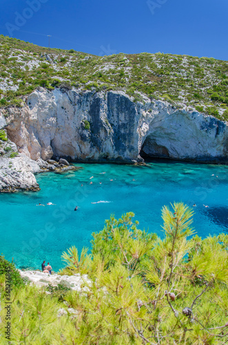 Picturesque Porto Limnionas rocky beach on west coast of Zakynthos island, Greece