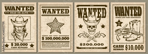Set of vintage western cowboy style Wanted posters sketch vector illustration.