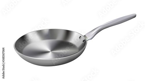 Realistic empty metal frying pan with plastic handle isolated on white background. Vector illustration kitchen utensil.