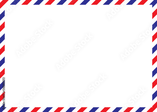 Airmail envelope frame. International vintage letter border. Retro air mail postcard with blue and red stripes. Blank correspondence paper template. Empty classic postal message illustration.