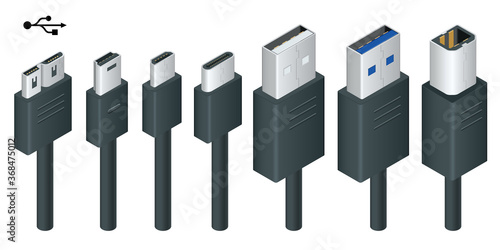 Isometric black usb types port plug in cables set with realistic connectors. Connector and ports. USB type A, type B, type C, Micro, Mini, MicroB and type 3.0