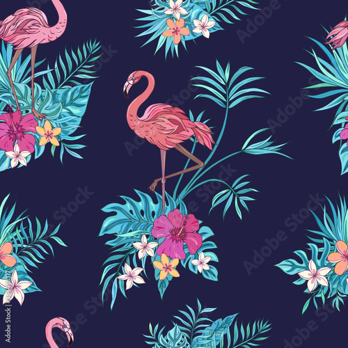 Vector trendy seamless pattern with flamingo, palm leaves, hibiscus and plumeria. Summer decoration print for wrapping, wallpaper, fabric. Seamless vector texture. Tropical bouquet flowers.