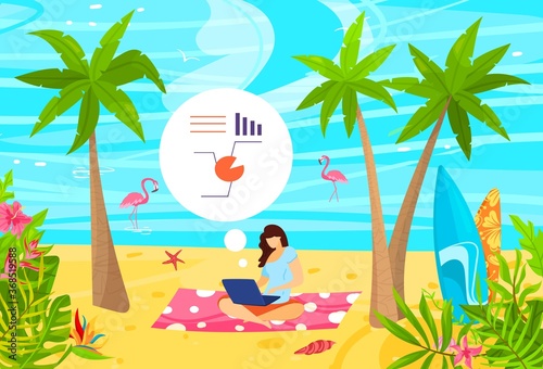 Business people working on tropical beach flat vector illustration. Cartoon businesswoman freelancer character has dream job, remote pleasure work from anywhere, mobile freelance technology background