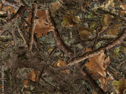 Realistic forest camouflage. Seamless pattern. Conifer and oak branches and leaves. Useable for hunting and military purposes. 