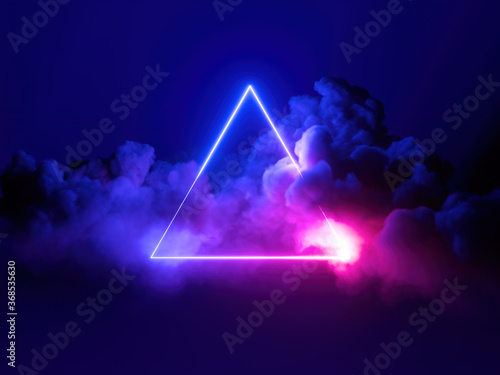 3d render, abstract minimal background, pink blue neon light triangular frame with copy space, illuminated stormy clouds, glowing geometric shape.
