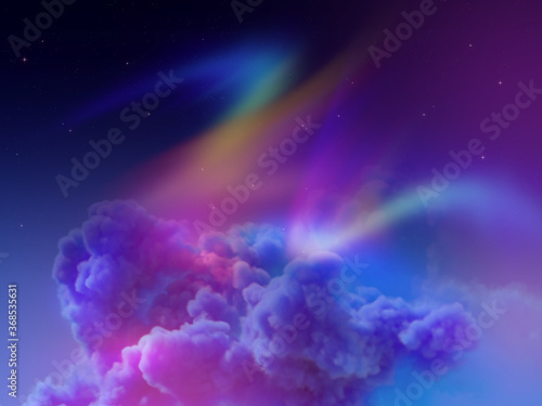 digital illustration of natural phenomenon. Background with Aurora Borealis. Northern lights in polar night sky, cotton clouds, geomagnetic miracle, wonder of nature
