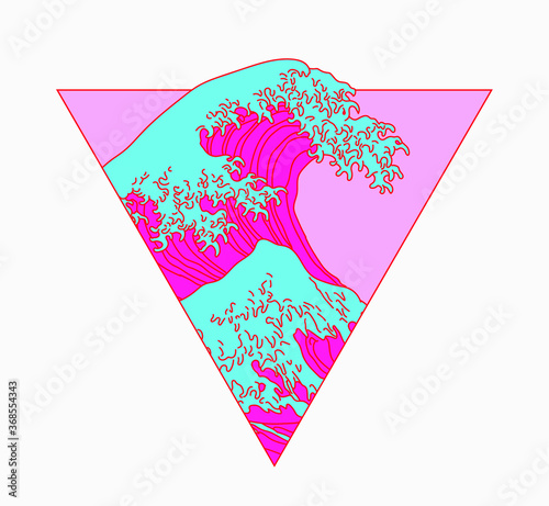 Great Wave off Kanagawa in Vaporwave Pop Art style. View on the ocean's crest leap.