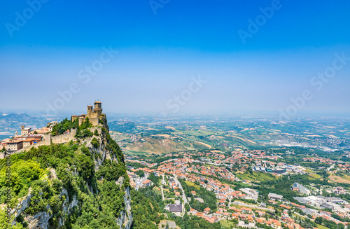 Beautiful panoramic view of San Marino with the Guaita tower on the peak of Monte Titano