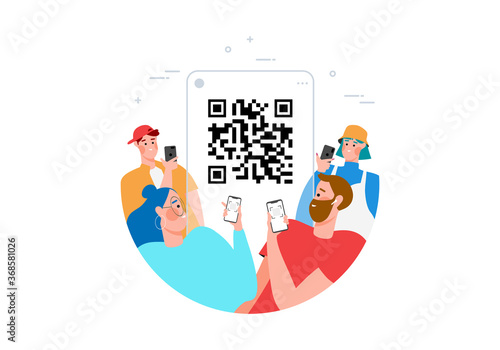 Qr code scanning concept with people scan code using smartphone for payment flat vector illustration. Hand with pnone and scanning barcode