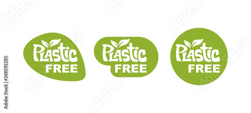 Plastic free stamp (in 3 variations) - hand-drawn lettering in modern eco-friendly style - isolated vector green signs set
