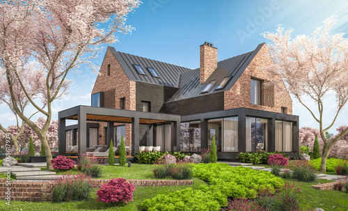 3d rendering of modern cozy clinker house on the ponds with garage and pool for sale or rent. Fresh spring day with a blooming trees with flowers of sakura on background.