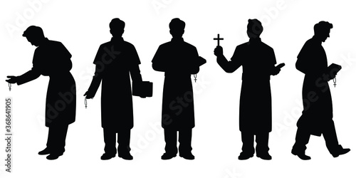 Set of pastor with christian cross and bible silhouette vector