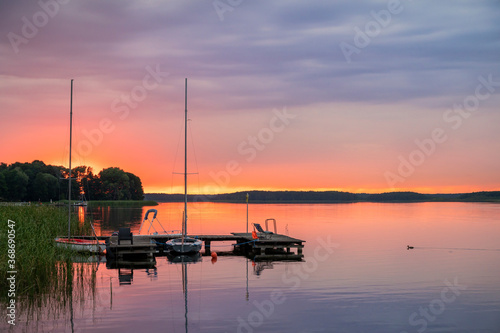 Dramatic sunset at lake in Slawa, Western Poland