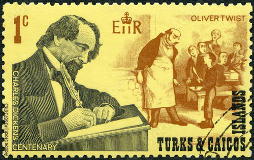 TURKS AND CAICOS ISLANDS - 1970: shows writer Charles Dickens (1812-1870), English novelist and illustrations from Oliver Twists, 1970