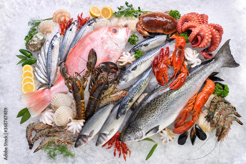 Top view of variety of fresh fish and seafood on ice