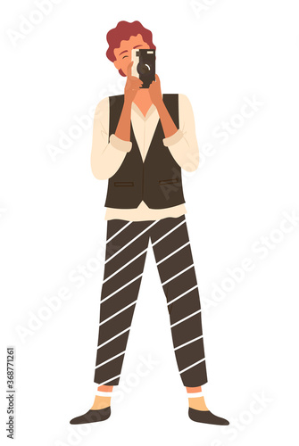 Photographer in striped trousers making shoots by amator camera isolated. Vector photographing person, journalist or photo correspondent, media man cartoon style