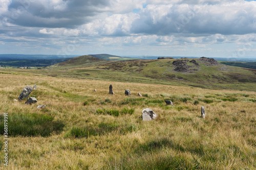 Stone circle of Bed Arthur, the grave of Arthur, just below the summit of Carn Bica, Preseli Hills, Pembrokeshire Coast National Park, Wales, UK