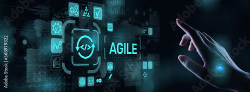 Agile development methodology concept on virtual screen. Technology concept.