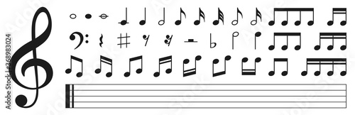 Set of musical notes. Black musical note icons. Music elements. Treble clef. Vector illustration.