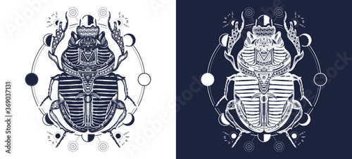 Ancient Egypt art. Esoteric scarab beetle and sacred moon phases tattoo. Spiritual symbol of pharaoh, god Ra, t-shirt design. Black and white vector graphics