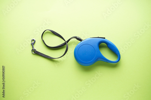 Blue retractable dog leash on a green background. Flat lay.