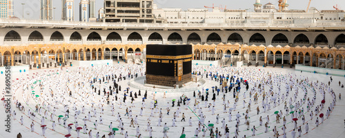 Muslim pilgrims in Al Haram Mosque Makkah performing Tawaf , Hajj Season at the time of the Corona Covid 19 , Covid 19 precautionary measures.Saudi Arabia makkah at Aug 2020