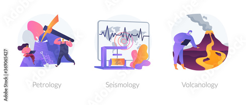 Geology science abstract concept vector illustration set. Petrology, seismology and volcanology, mineral, exploration, earthquake environmental effect, tectonic movement, Earth abstract metaphor.