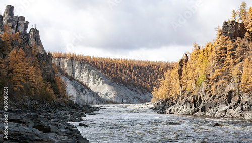 Landscape with the Siberian river in a rocky gorge in autumn.