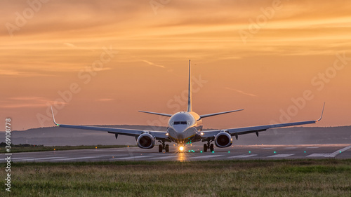 airplane landing at sunset Varna Airport