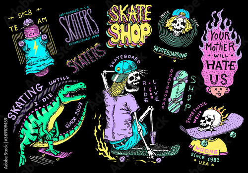 Skateboard shop stickers set. Dinosaur and skeletons ride on the boards badges. Fiery head and skull. Vintage retro labels for t-shirts and typography. Hand Drawn engraved sketch.