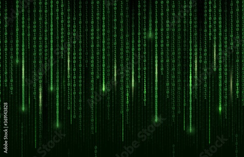 Technology background, digital binary code matrix, vector computer cyberspace and internet communication coding. Digital binary code matrix green background, internet data network and programming