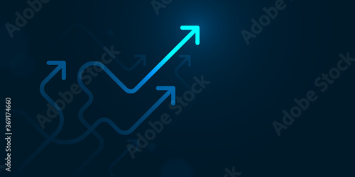 Glow up devious arrows on dark blue background with copy space business growth concept