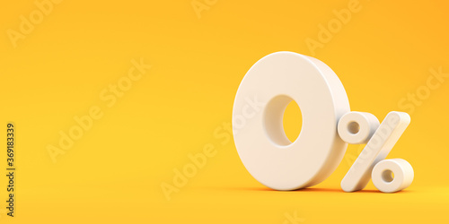 White zero percent on a yellow background. Illustration for advertising. 3d render.