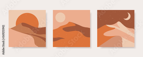 Set of abstract contemporary backgrounds in earth colors. Desert landscape in boho style. Concept vector templates for social media, websites, poster, cover.