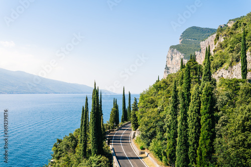 Della Forra road over blue lake Garda, Lombardy, Northern Italy