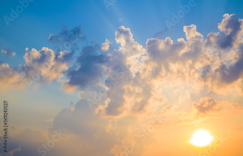 Photo of beautiful sunset, evening sky with sun rays. Detail image, no birds, no noise.
