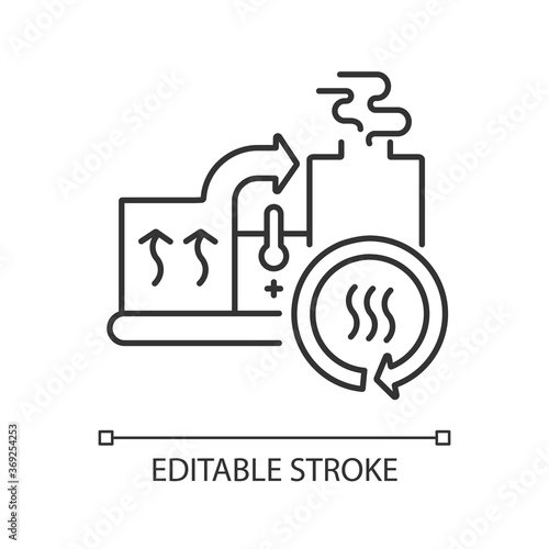 Heat recovery system linear icon. Sustainable energy industry, cogeneration thin line customizable illustration. Contour symbol. Industrial equipment. Vector isolated outline drawing. Editable stroke