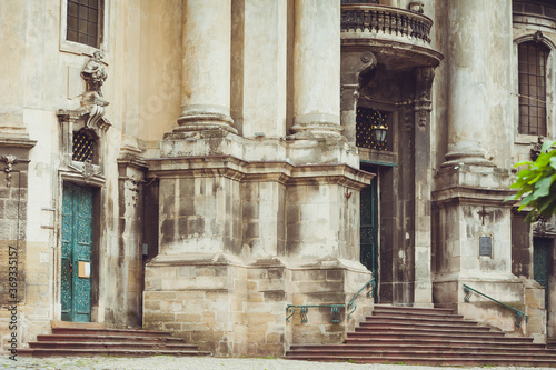 Old facades of houses in the historic center of the European city