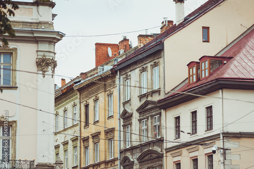 Old facades of houses in the historic center of the European city