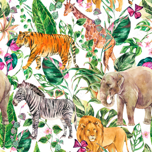 Watercolor jungle seamless pattern, safari animals floral summer texture