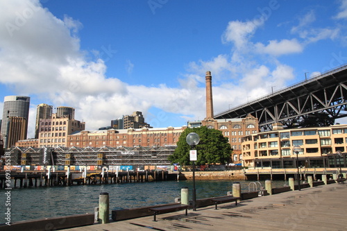 View on the park hyatt hotel and others hotels, under the Harbour bridge in center Sydney, New South Wales, Australia.