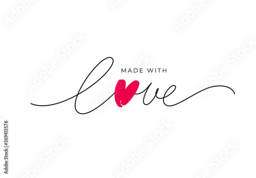 Made with love lettering with heart symbol. Hand drawn black line calligraphy. Ink vector inscription isolated on white background. Lettering for your handcrafted goods, product, shop, tags, labels