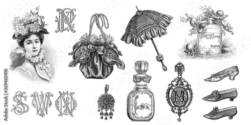 Vintage victorian fashion engraving Monogram letters