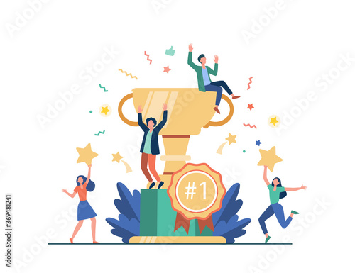 Team of happy employees winning award and celebrating success. Business people enjoying victory, getting gold cup trophy. Vector illustration for reward, prize, champions concepts