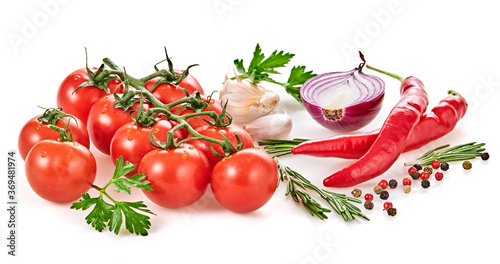 Fresh vegetables and herbs collection, cherry tomato, hot pepper, garlic. Healthy eating prepare cooking concept. Various organic vegetables layout, vegetarian, detox eating, isolated on white