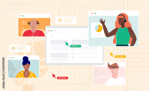 Virtual business meeting with team by a moderator in real-time. People work with different skills and connect together online on video conference. Working remotely during coronavirus. 