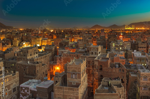 Panorama of Sanaa at night, Yemen